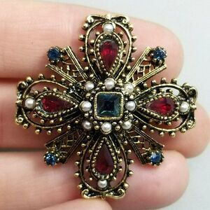 Vintage ART Gold Tone Heraldic Maltese Cross Rhinestone Brooch, Red White Blue